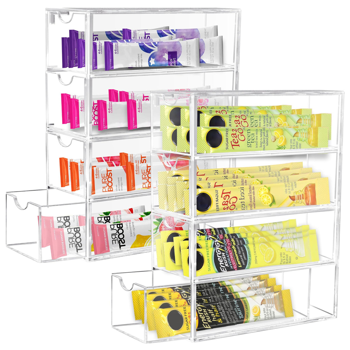 GRETJOB drink packet organizer with four clear drawers for easy flavor access.