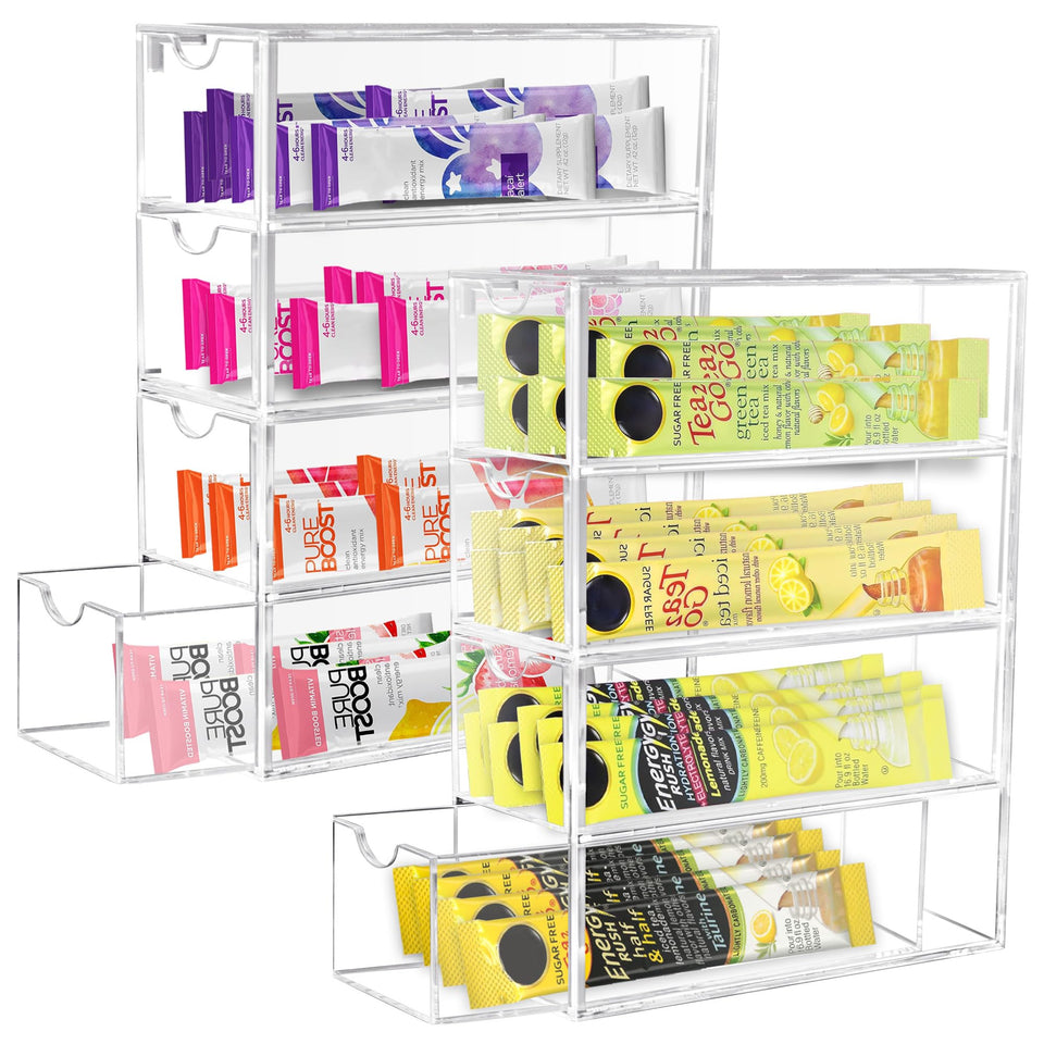 GRETJOB drink packet organizer with four clear drawers for easy flavor access.