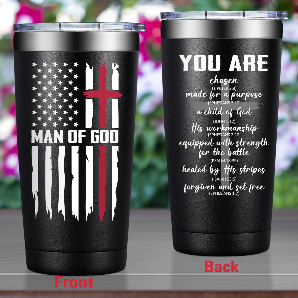 Grifarny Christian Gifts Man Tumbler design print featuring inspirational scripture.
