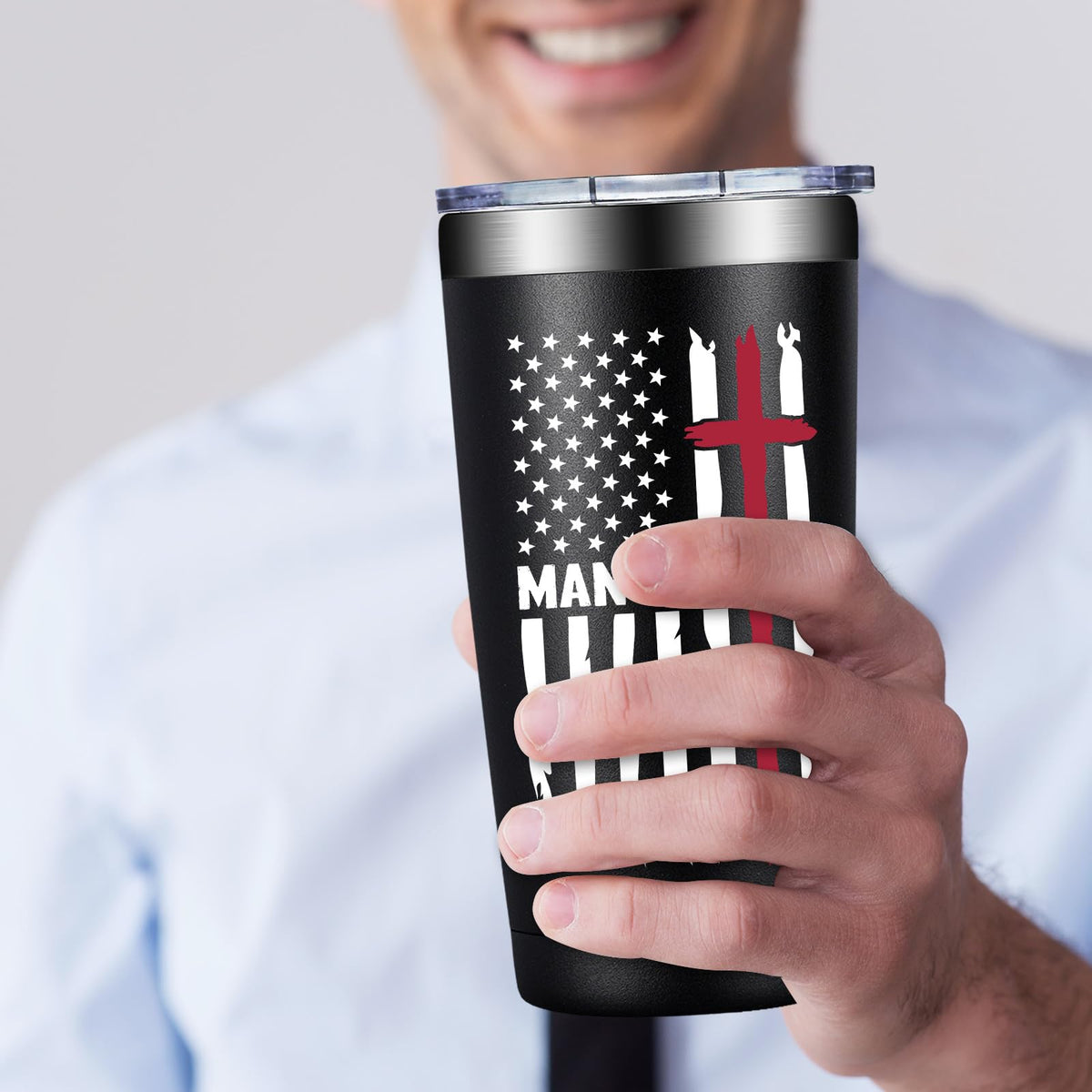 Grifarny Christian Gifts Man Tumbler stainless steel close-up showing durability.