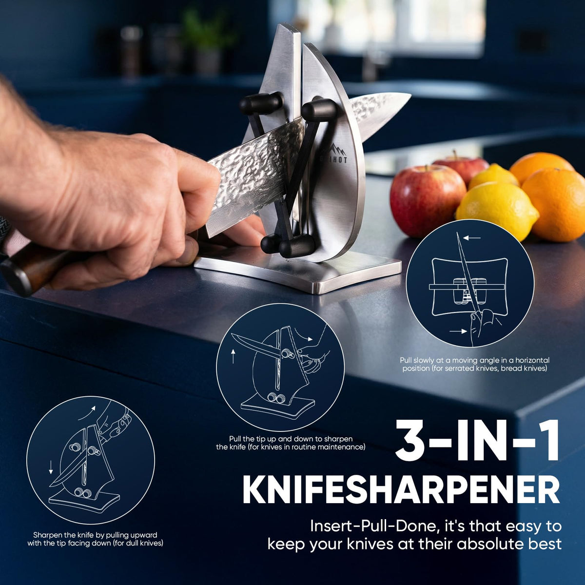 Independent tungsten carbide arms adjust edge angle for precision sharpening.