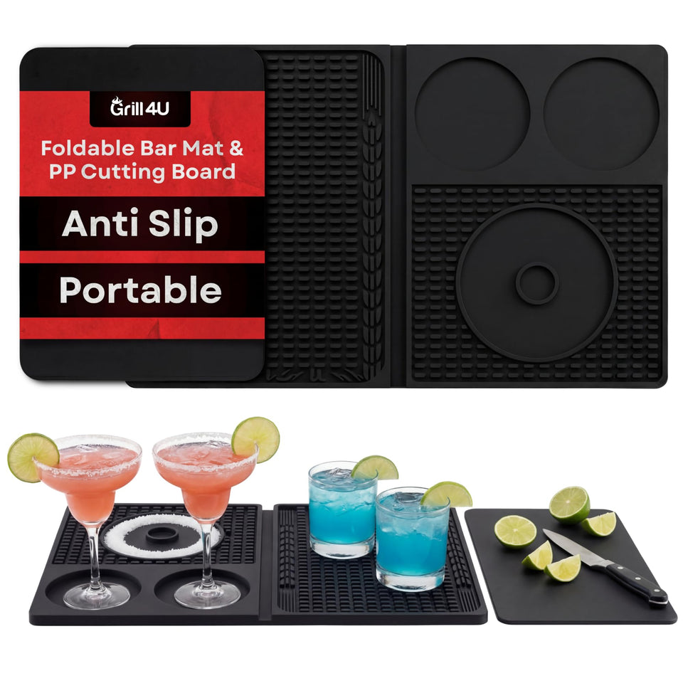 Grill 4U foldable bar mat with cutting board open offers a spacious workspace for cocktail prep