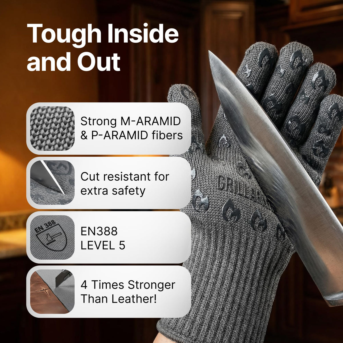 Grill Armor Gloves detail highlighting aramid fabrics for durable heat resistance.