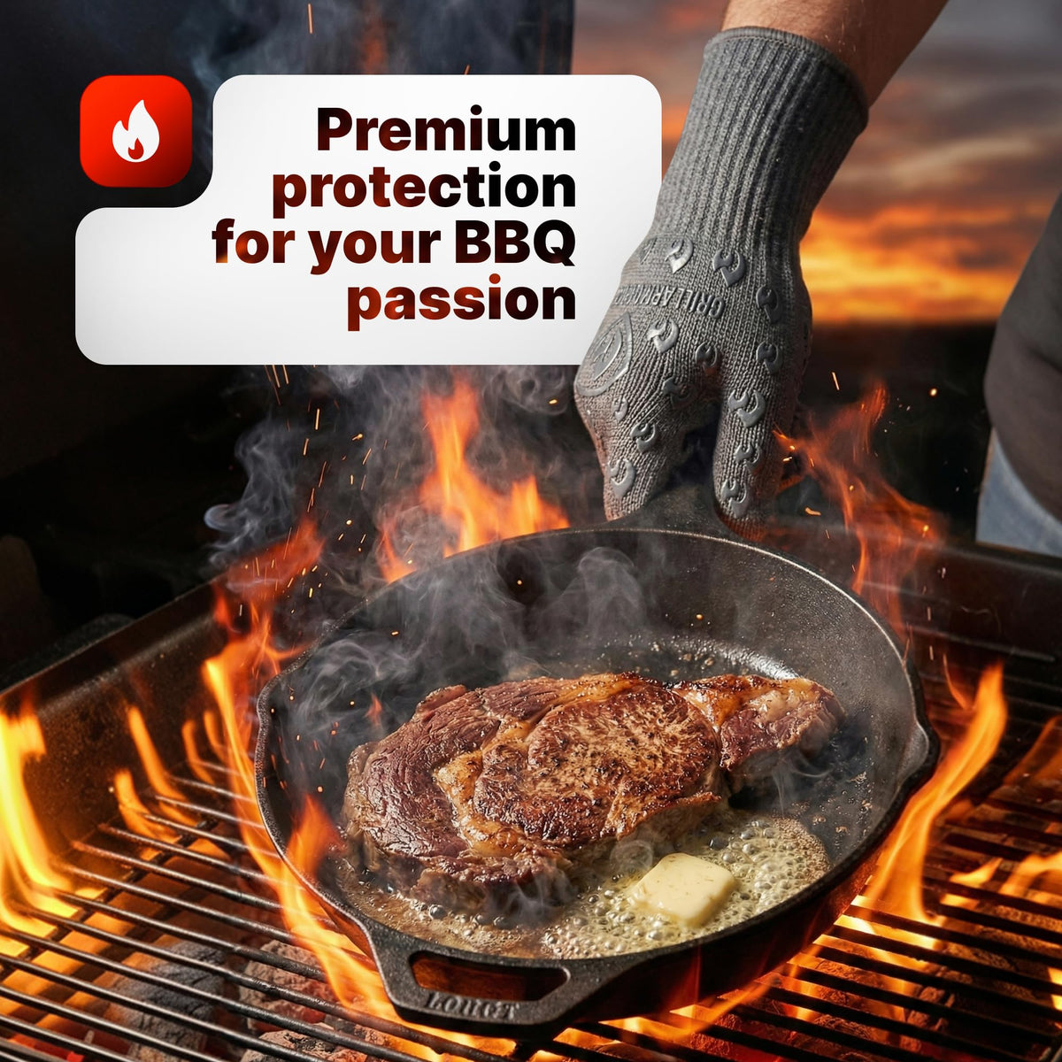 Grill Armor Gloves suitable for indoor and outdoor cooking, baking, and campfire use.