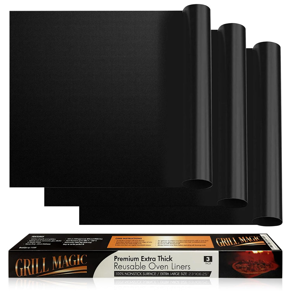 Grill Magic oven liner protects standard oven bottoms from spills.