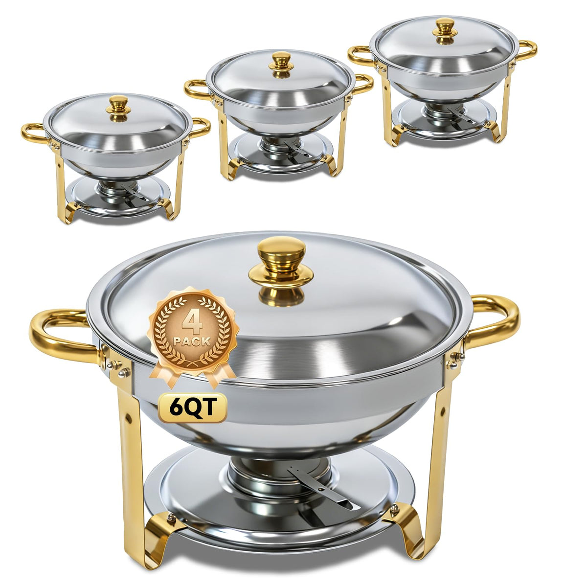 Grillaxy 6QT chafing dish round gold ready for hot buffet serving