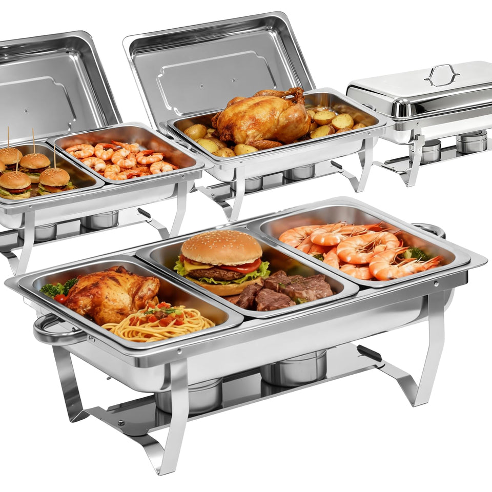 Grillaxy 9Qt chafer set assembly shows sturdy stainless steel for durable buffet service.