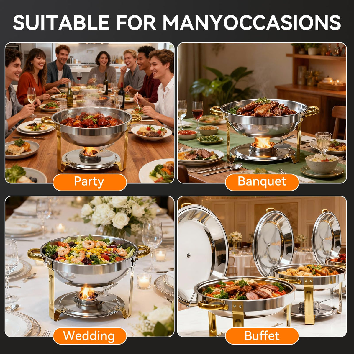 Grillaxy gold-finish chafing dish adds upscale ambiance to events.
