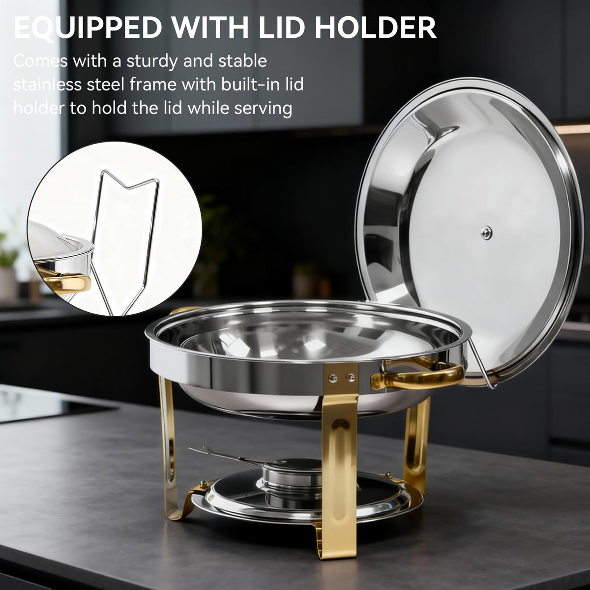 Grillaxy silver-finish chafing dish complements modern buffets.