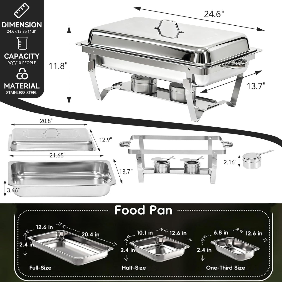 Grillaxy stainless steel chafer with rolled edges protects fingers during handling.