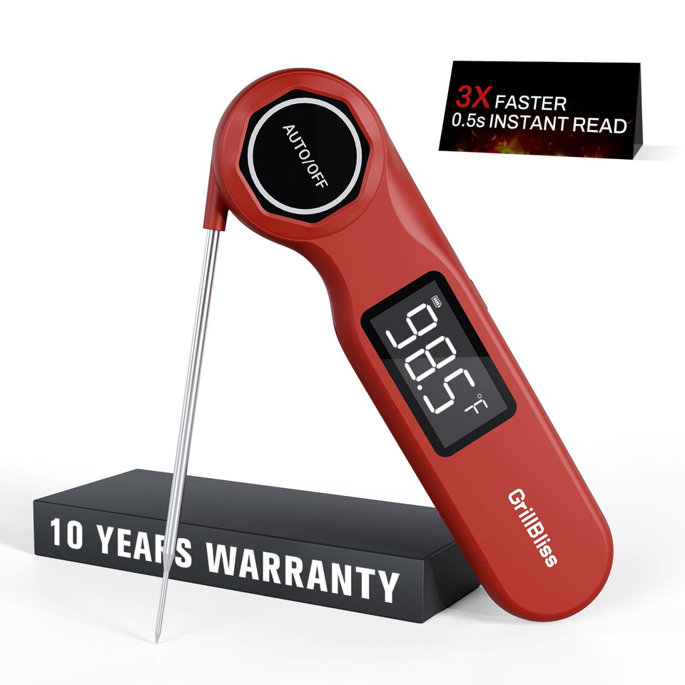 GrillBliss instant read thermometer display shows fast, precise temps for grilling