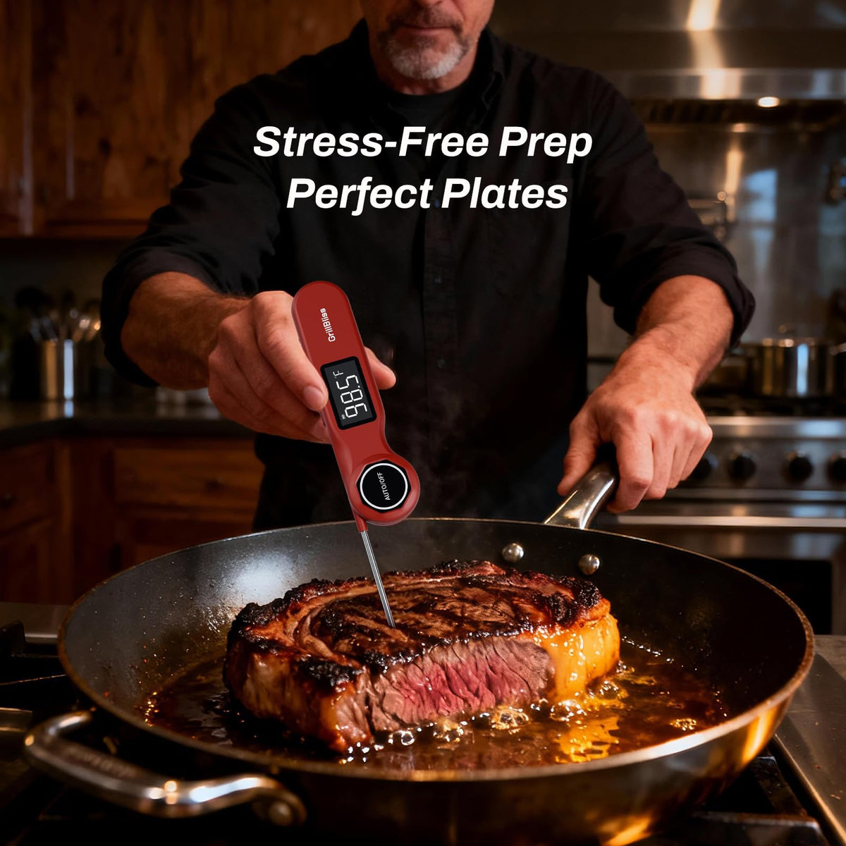 GrillBliss magnetic back thermometer sticks to fridge or oven for quick access