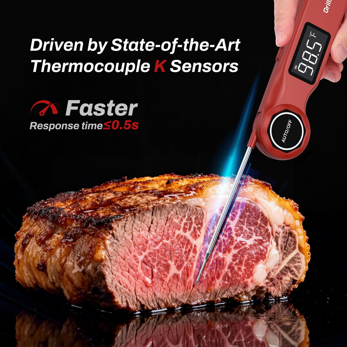 GrillBliss USB-C rechargeable thermometer highlights convenient charging for easy grilling