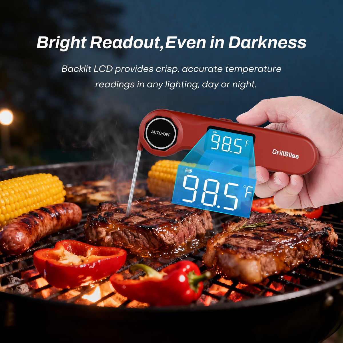 GrillBliss VA LCD display thermometer stays readable in sunlight