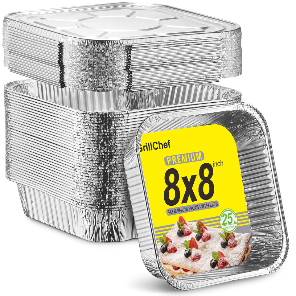 GrillChef 8x8 aluminum pan with lid for meal prep and leftovers.