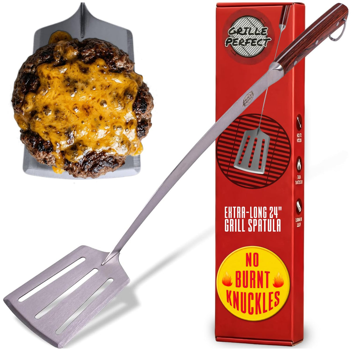 Grille Perfect 24-inch spatula blade for deep reach and easy flipping