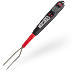Grille Perfect digital thermometer fork in use checking steak temperature precisely