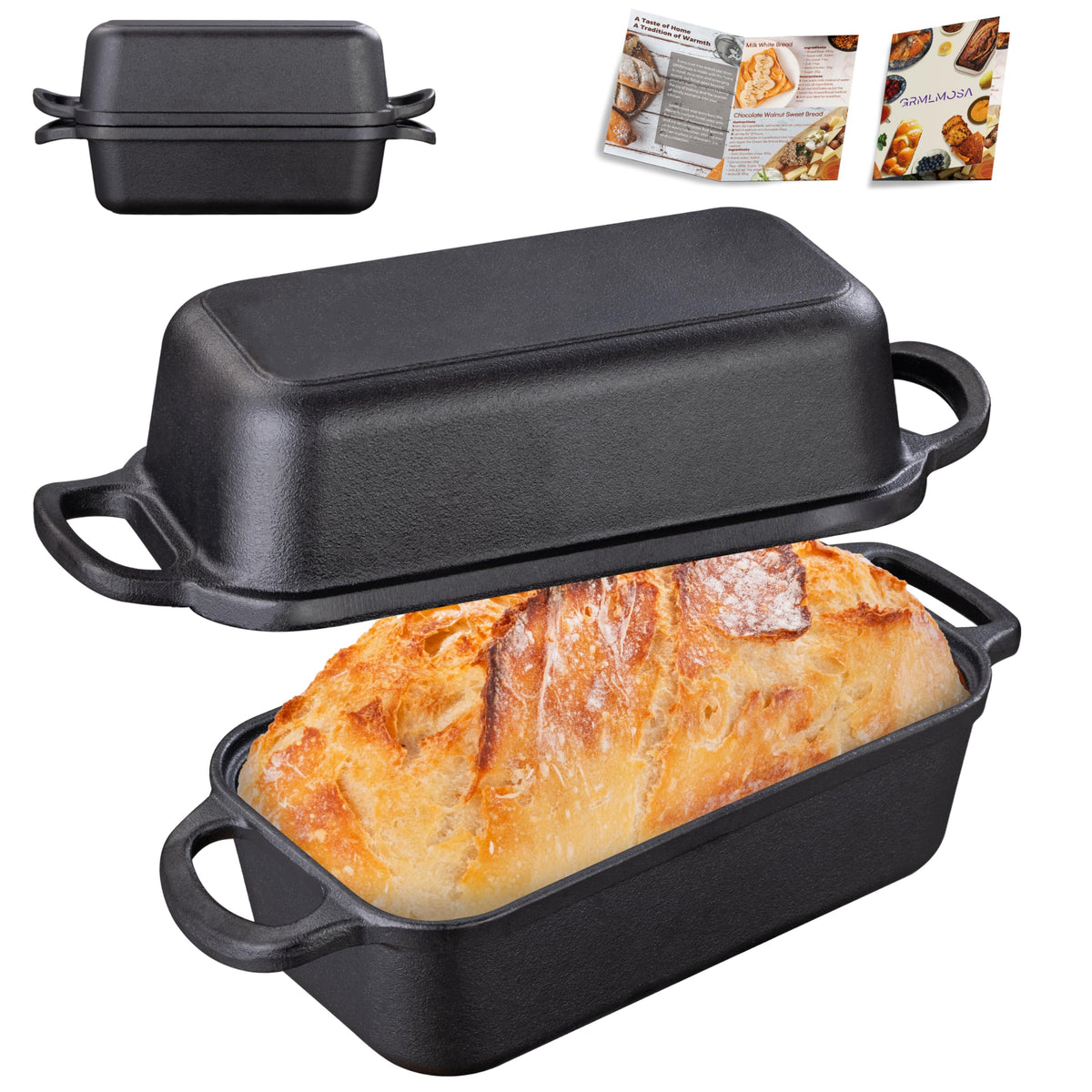GRMlmosa bread pan with lid showing compact storage and even heat