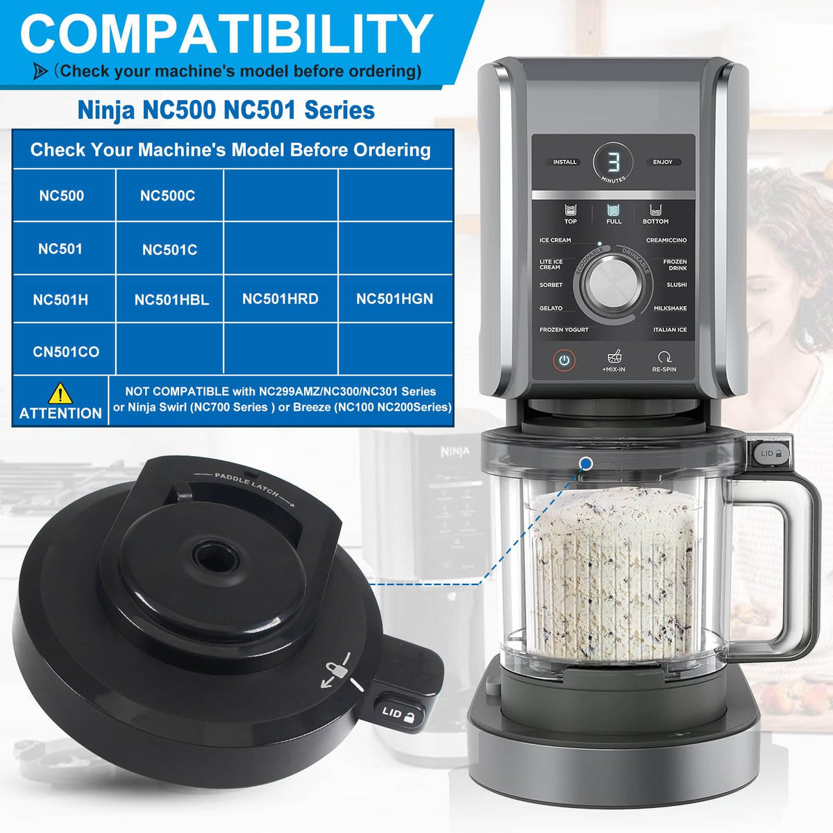 Grngven outer bowl lid for NC500 shown on compatible Creami Deluxe unit