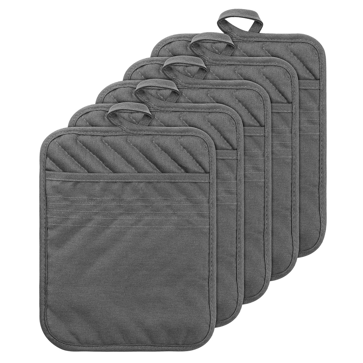 GROBRO7 5-pack pocket pot holders in grey folded for easy storage and quick access.
