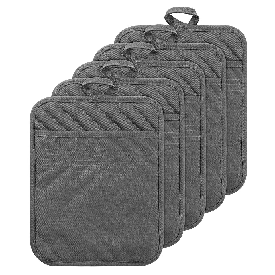 GROBRO7 5-pack pocket pot holders in grey folded for easy storage and quick access.