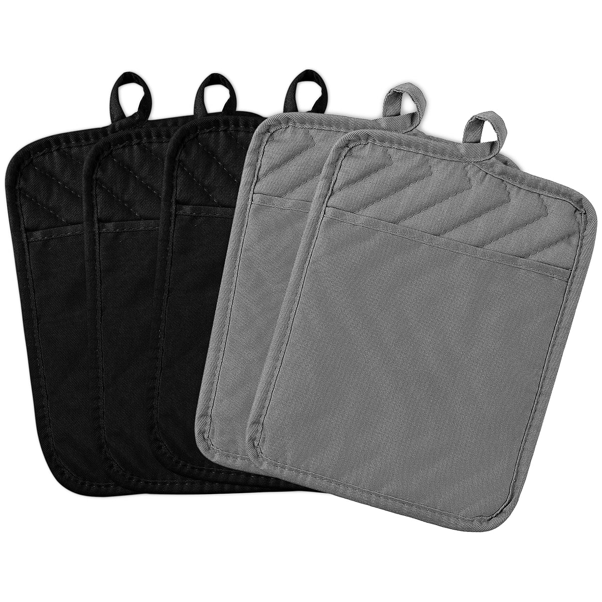 GROBRO7 5-pack pot holders laid flat in gray and black for easy kitchen prep.