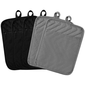 GROBRO7 5-pack pot holders laid flat in gray and black for easy kitchen prep.