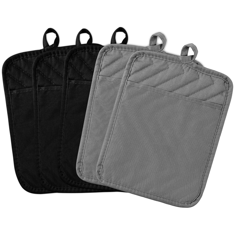 GROBRO7 5-pack pot holders laid flat in gray and black for easy kitchen prep.