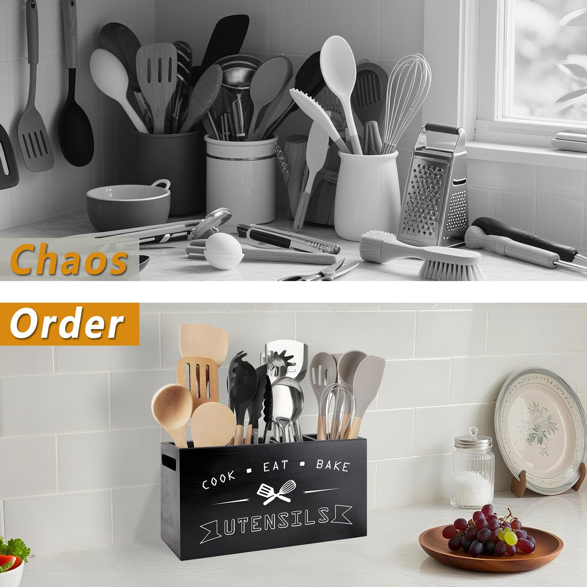 Groqrsn four-compartment counter holder fits neatly against walls.