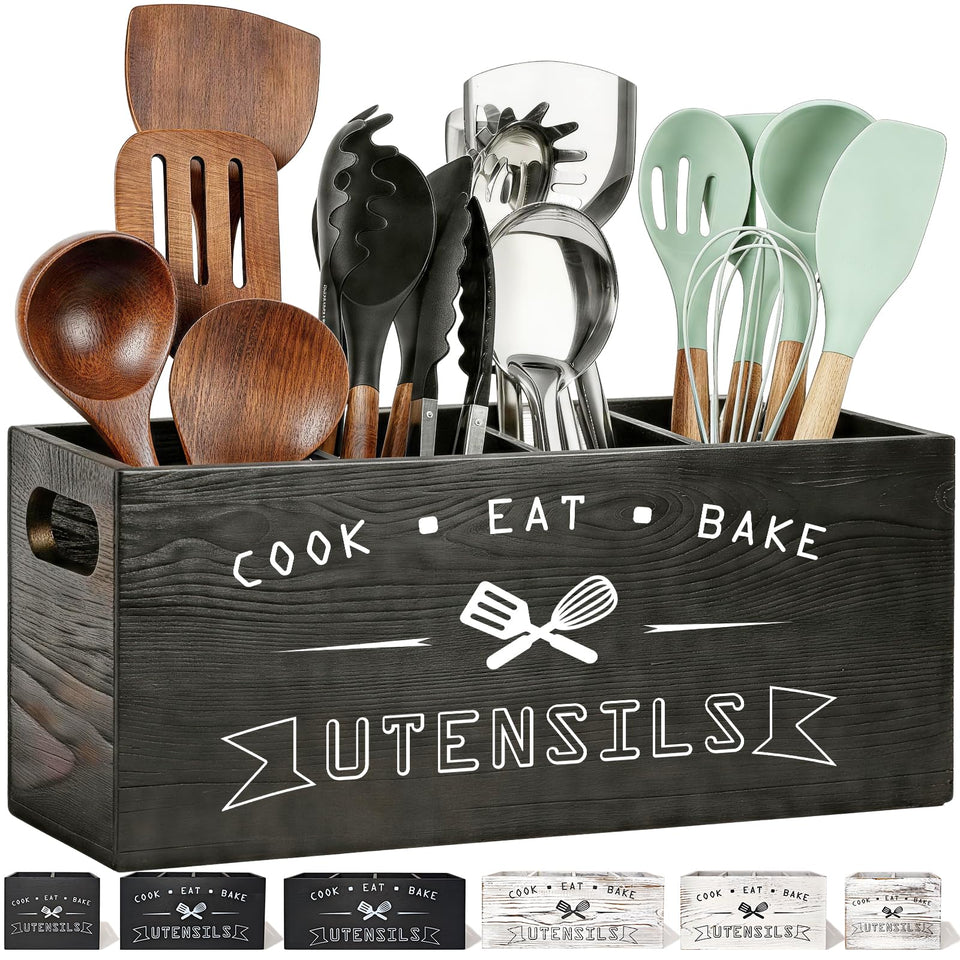 Groqrsn large black utensil organizer with side handle keeps utensils within easy reach.