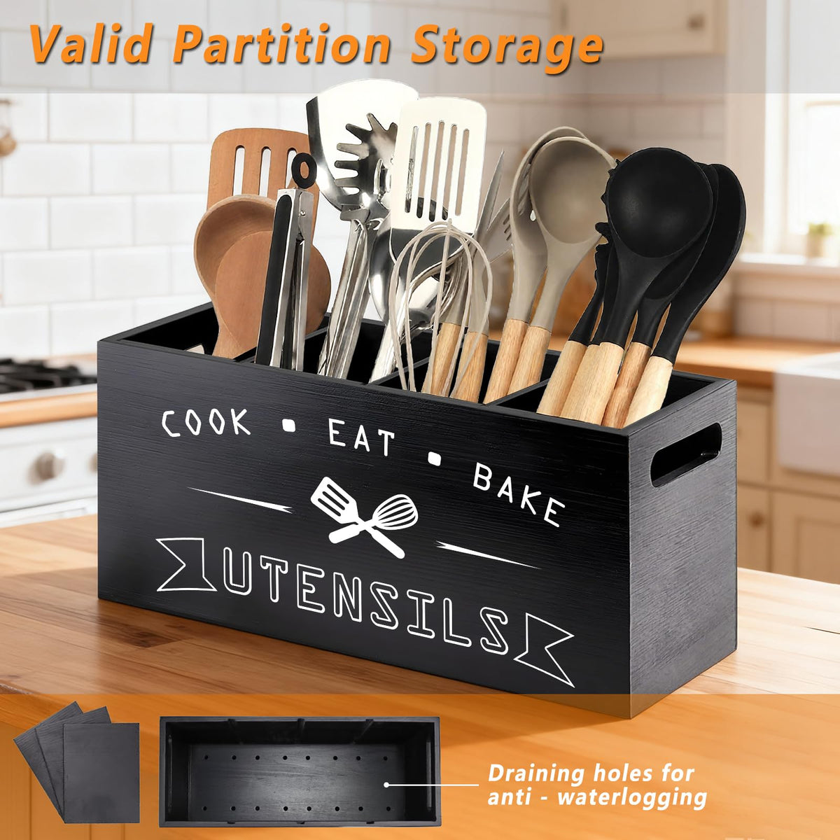 Groqrsn square wooden utensil holder blends with kitchen decor.