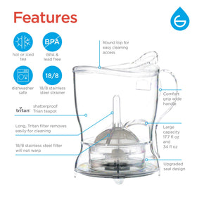 Crystal-clear GROSCHE Aberdeen teapot design showcases tea color and infuser performance.