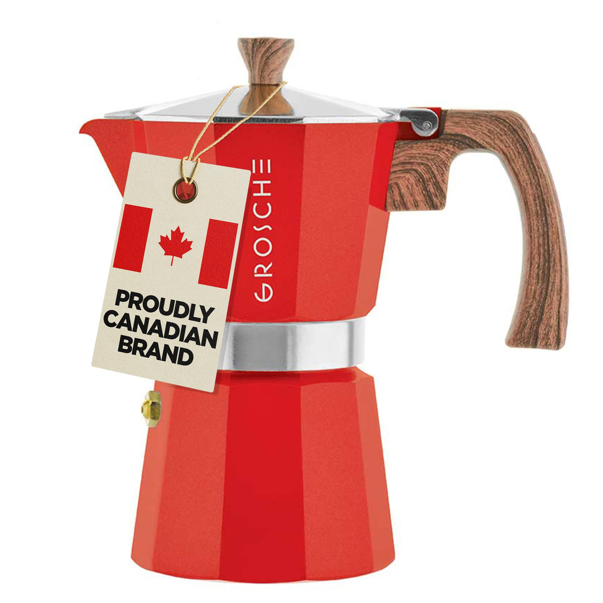 GROSCHE Milano 6-cup red moka pot on stove brewing rich espresso at home.