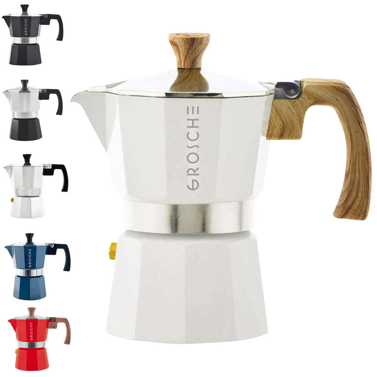 GROSCHE Milano Moka 3 Cup white on stove for rich espresso.