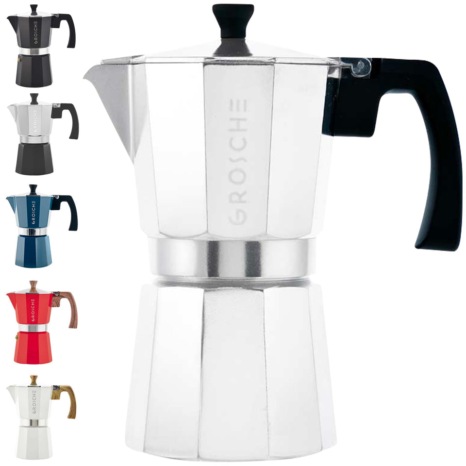 GROSCHE Milano moka pot brews rich espresso on a stove, highlighting color and crema.