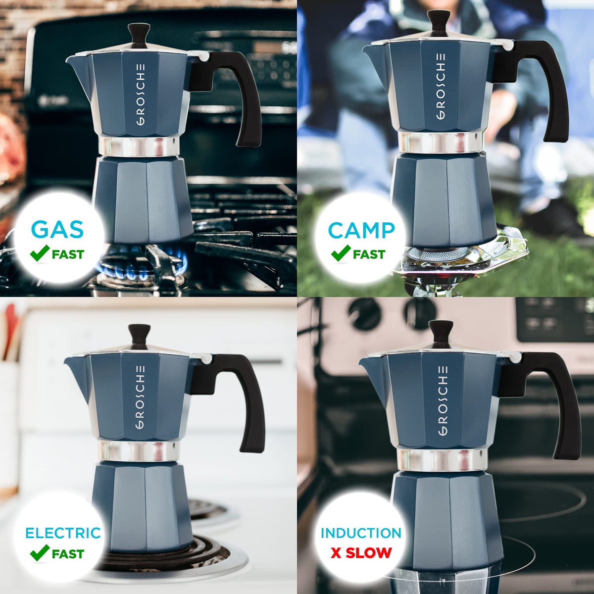 GROSCHE Milano Moka Pot works on gas, electric, and camping stoves