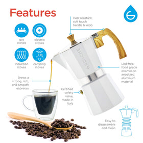 GROSCHE Milano Moka Pot handle close-up with burn guard for safer pouring.