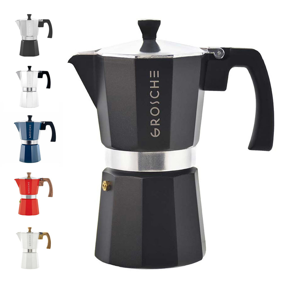 GROSCHE Milano moka pot on stove delivering rich home espresso.