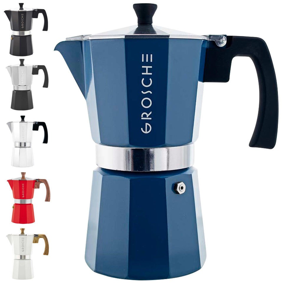 GROSCHE Milano stovetop espresso maker blue body for rich moka at home.