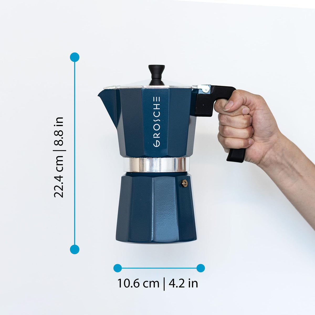 GROSCHE Milano on gas stove delivers rich espresso quickly.
