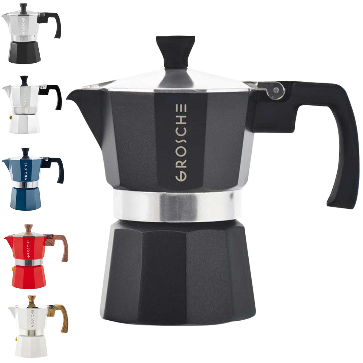 GROSCHE Milano stovetop espresso pot 3-cup black with burn guard handle for safe coffee brewing.