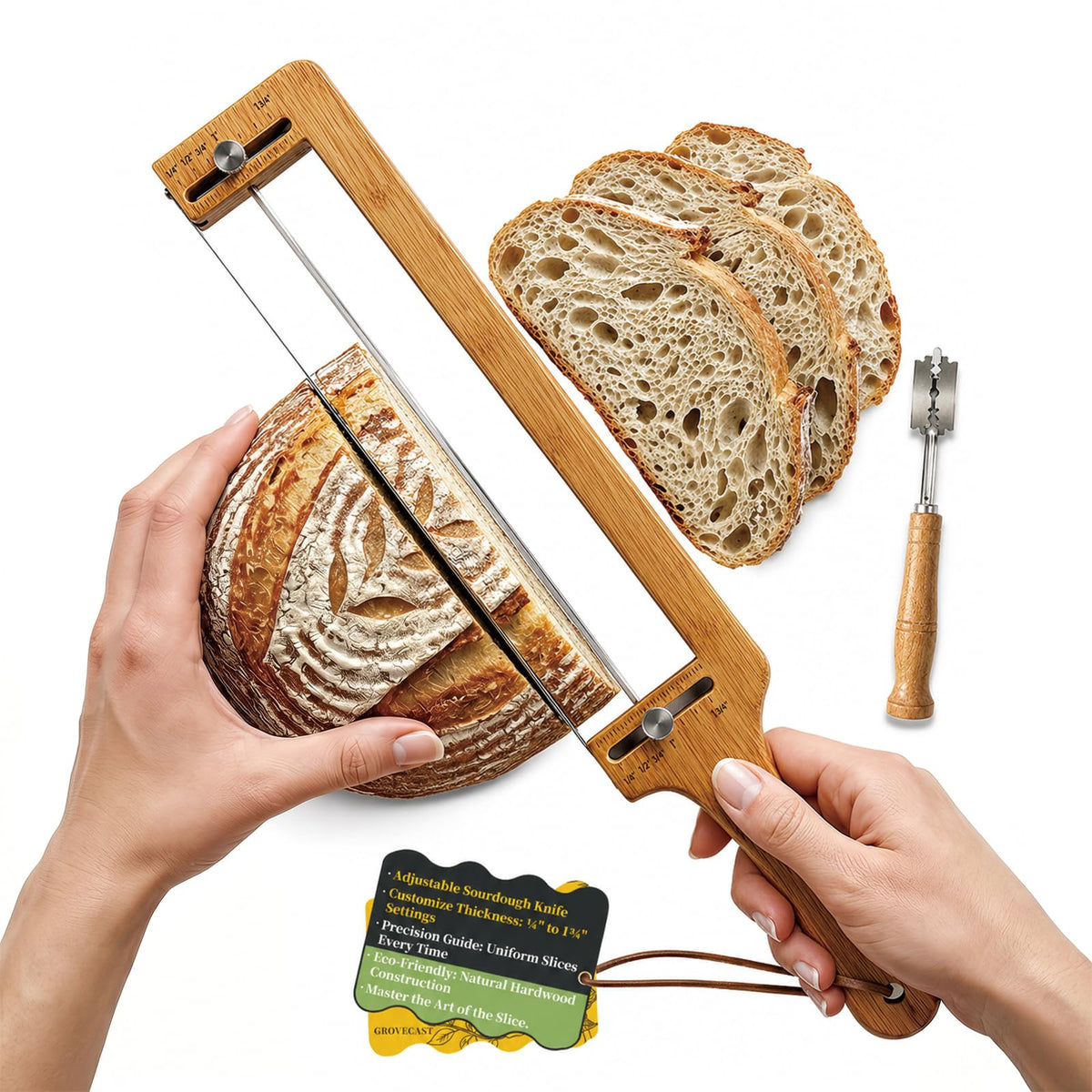 GroveCast bread slicer with adjustable width guides for uniform slices.