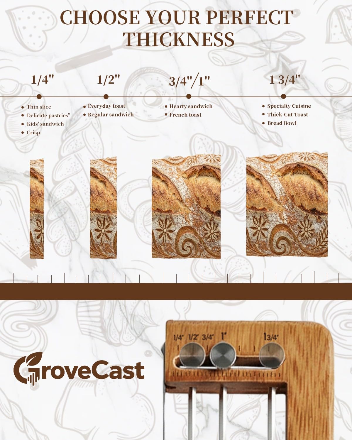 GroveCast bread slicer includes sourdough scoring tool for loaf presentation.