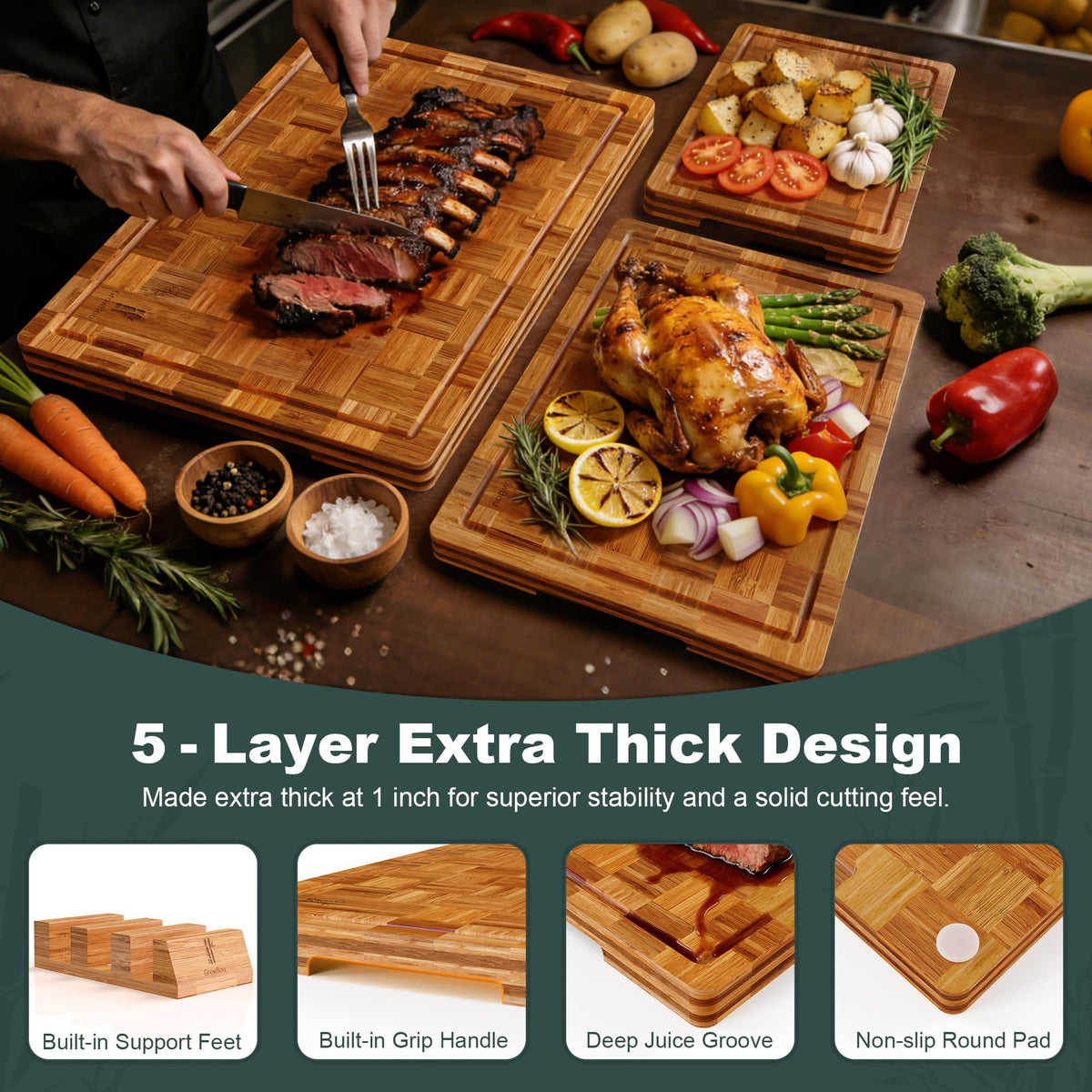 Grow Bou board features non-slip feet for steady chopping