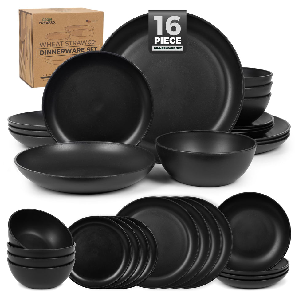 Grow Forward 16-piece wheat straw dinnerware set for four on a stylish, lightweight table setting.