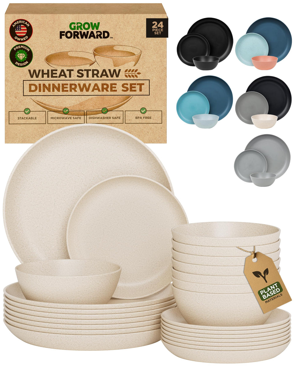Grow Forward 8 dinner plates in Sahara wheat straw for durable everyday dining