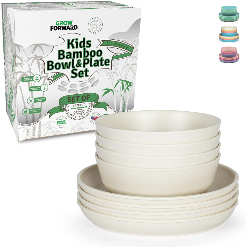 Grow Forward bamboo kids plates Arctic 8-piece set for tidy, mess-friendly meals