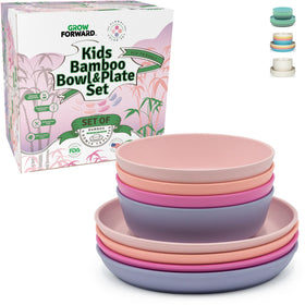 Grow Forward bamboo kids plates set with high lip design for easy self-feeding.