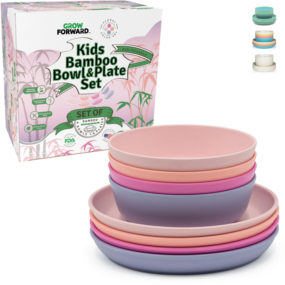 Grow Forward bamboo kids plates set with high lip design for easy self-feeding.
