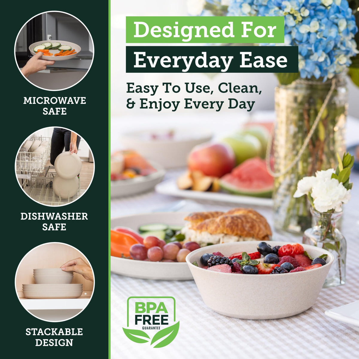 Grow Forward stackable dinnerware saves space in RVs and dorms.